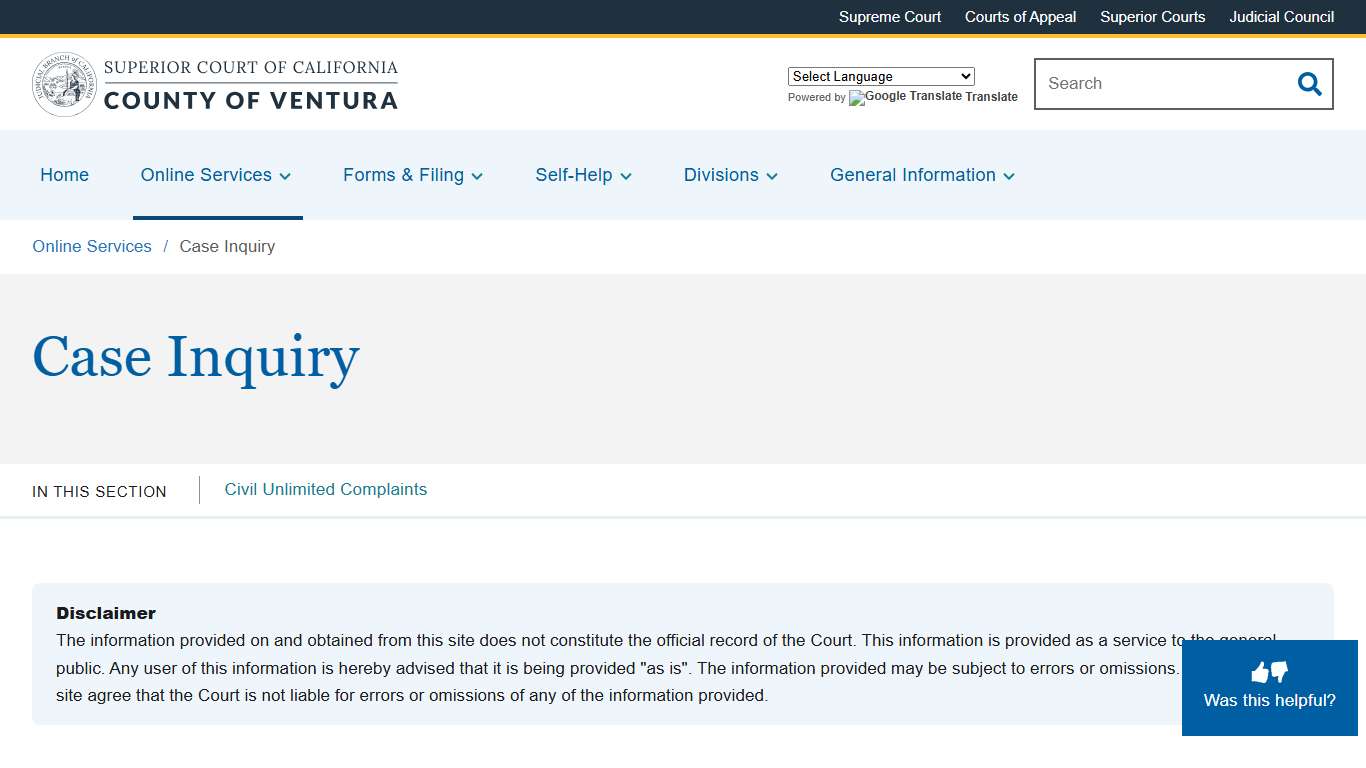 Case Inquiry Superior Court of California County of Ventura