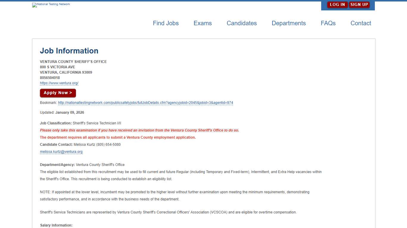 VENTURA COUNTY SHERIFF'S OFFICE Job Details National Testing Network